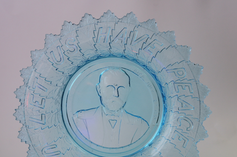 photo of Let Us Have Peace President US Grant memorial plate vintage ice blue pressed glass antique reproduction?  #2