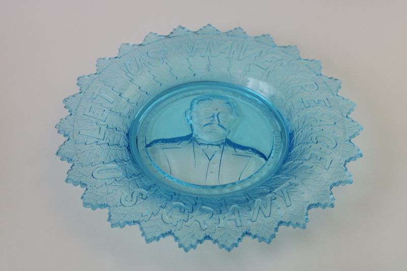 photo of Let Us Have Peace President US Grant memorial plate vintage ice blue pressed glass antique reproduction?  #3