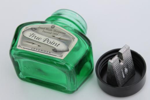 photo of Levenger ink bottle pencil sharpener, antique reproduction green glass ink bottle #3