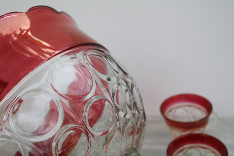 photo of Lexington coinspot pattern ruby band glass punch bowl footed cups, vintage Indiana glass #4