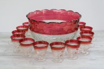 Lexington coinspot pattern ruby band glass punch bowl footed cups, vintage Indiana glass