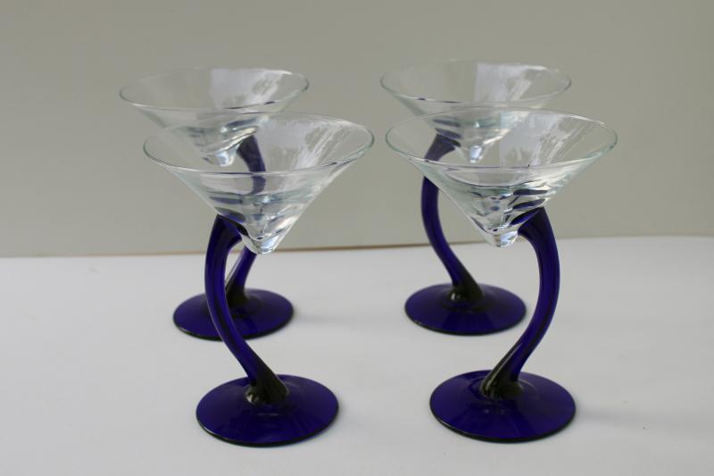 photo of Libbey Bravura cobalt blue / crystal clear cocktail glasses mod asymmetrical shape #1
