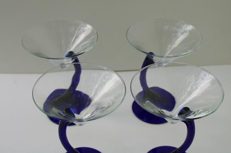photo of Libbey Bravura cobalt blue / crystal clear cocktail glasses mod asymmetrical shape #2