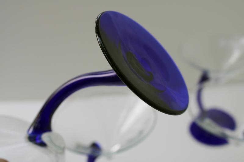 photo of Libbey Bravura cobalt blue / crystal clear cocktail glasses mod asymmetrical shape #3