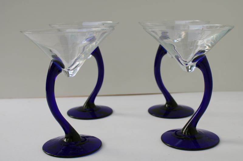 photo of Libbey Bravura cobalt blue / crystal clear cocktail glasses mod asymmetrical shape #4