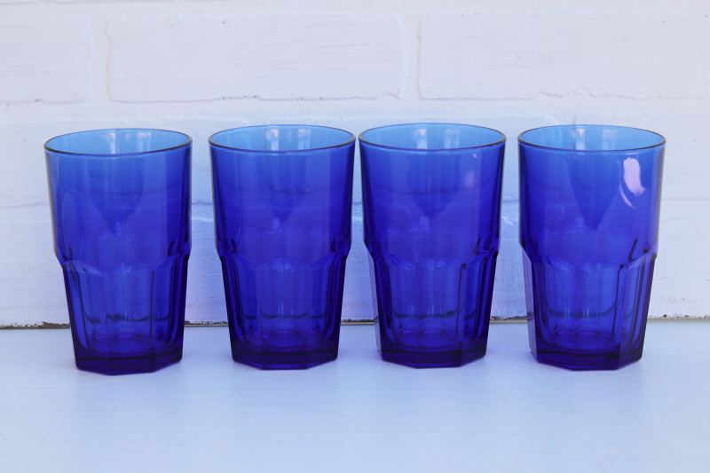 photo of Libbey Crisa cobalt blue glass drinking glasses, large bistro style tumblers Boston pattern #1