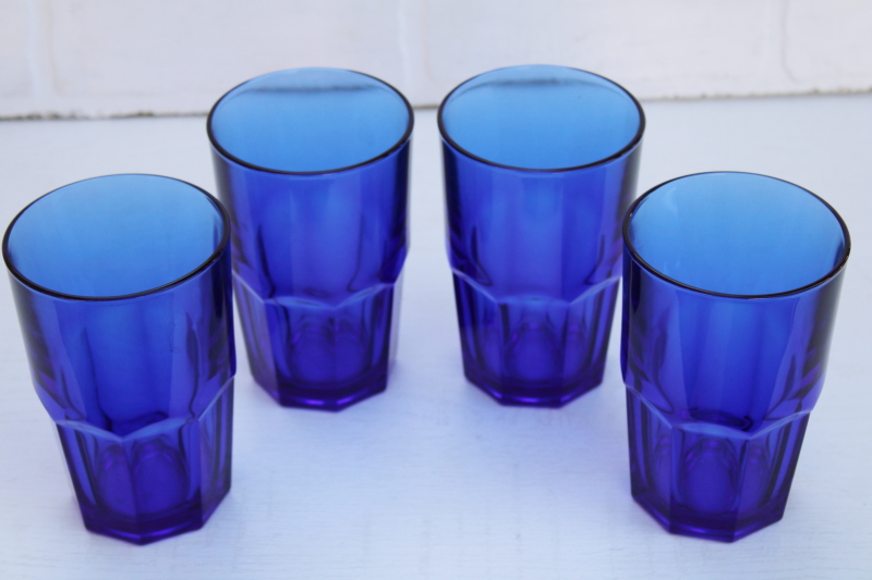 photo of Libbey Crisa cobalt blue glass drinking glasses, large bistro style tumblers Boston pattern #2