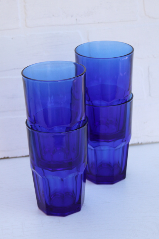 photo of Libbey Crisa cobalt blue glass drinking glasses, large bistro style tumblers Boston pattern #6
