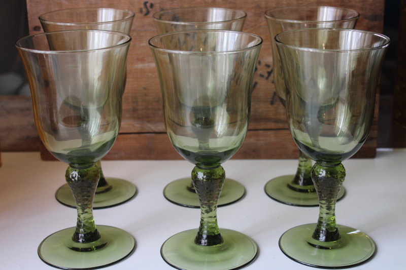 photo of Libbey Martello pattern wine or water glasses, vintage avocado green glass goblets #1