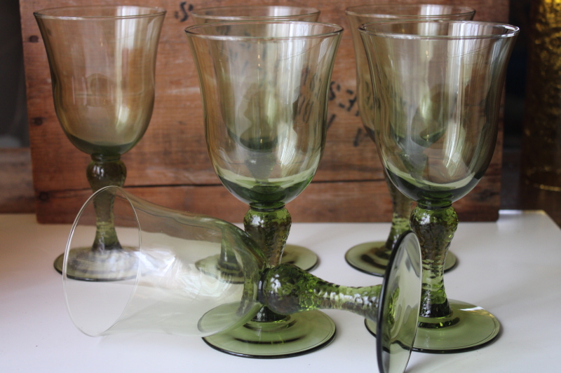 photo of Libbey Martello pattern wine or water glasses, vintage avocado green glass goblets #2