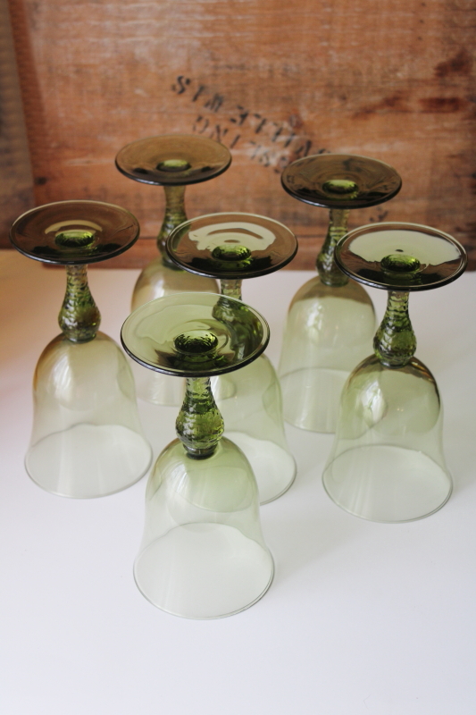photo of Libbey Martello pattern wine or water glasses, vintage avocado green glass goblets #3