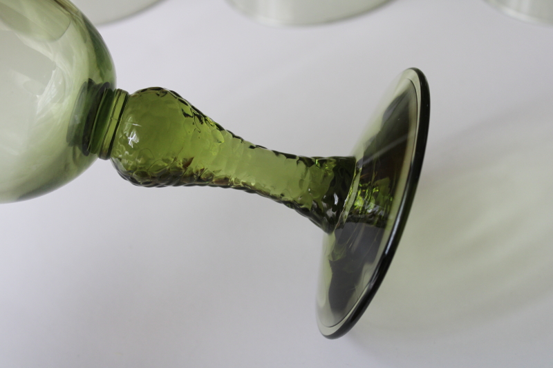 photo of Libbey Martello pattern wine or water glasses, vintage avocado green glass goblets #4