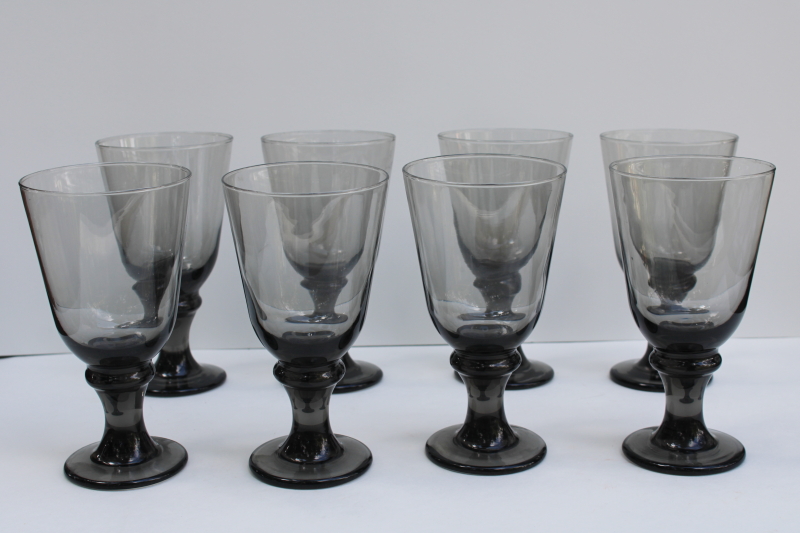 photo of Libbey Nova black smoke glass water goblets or wine glasses set of 8, mod chunky minimalist stemware  #1