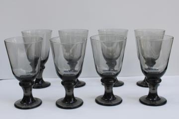 catalog photo of Libbey Nova black smoke glass water goblets or wine glasses set of 8, mod chunky minimalist stemware 
