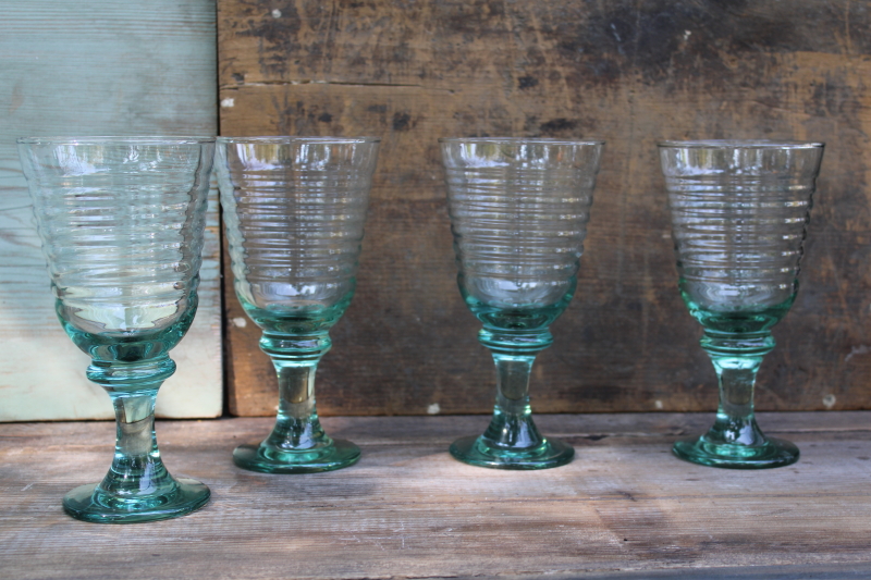 photo of Libbey Spanish green glass goblets, chunky wine or water glasses Sirrus pattern #1