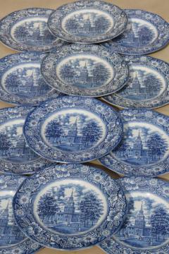 catalog photo of Liberty Blue Staffordshire vintage china dinner plates set of 12 Independence Hall