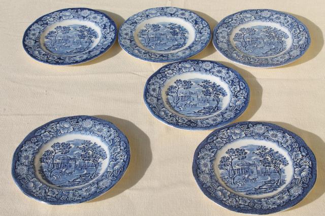 photo of Liberty Blue Staffordshire vintage china plates, Monticello scene set of 6 #1