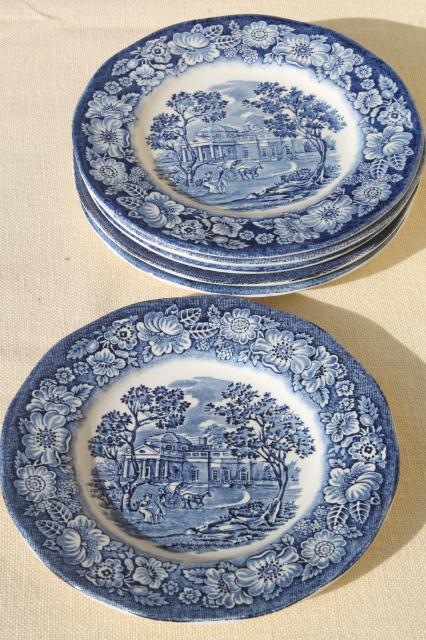 photo of Liberty Blue Staffordshire vintage china plates, Monticello scene set of 6 #2