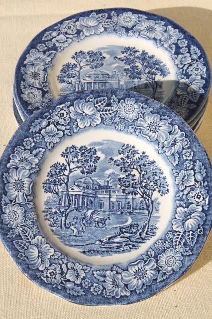 photo of Liberty Blue Staffordshire vintage china plates, Monticello scene set of 6 #3