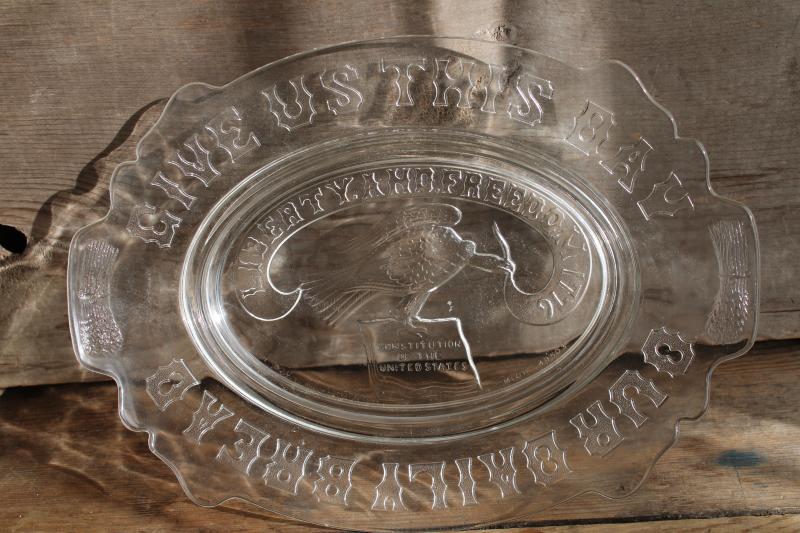 photo of Liberty and Freedom bicentennial vintage pressed glass daily bread plate w/ eagle #5