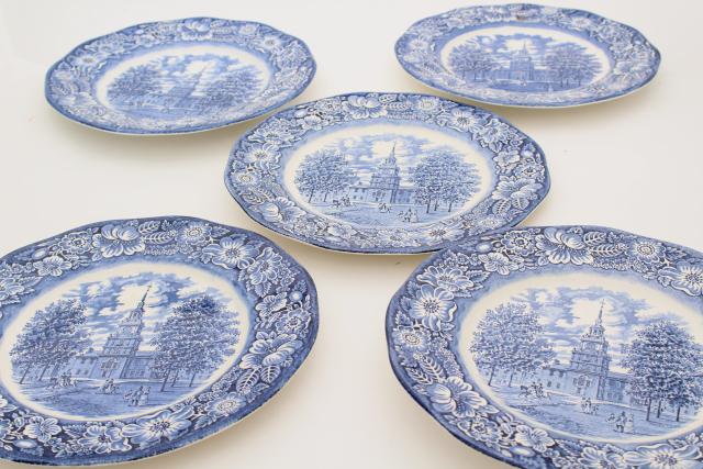 photo of Liberty blue & white transferware china, vintage dinner plates Independence Hall #1