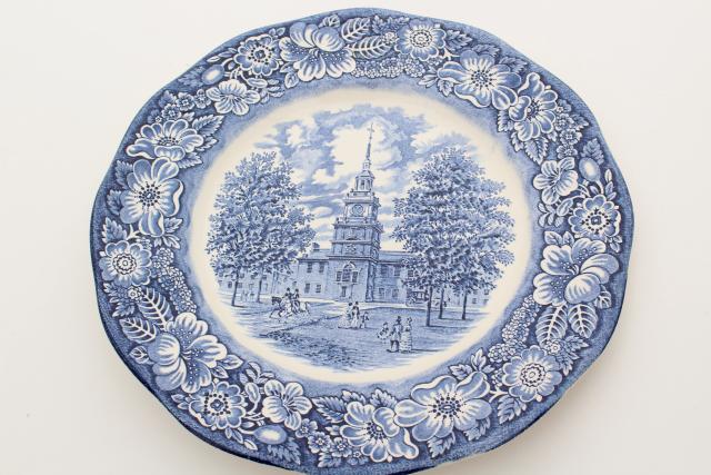 photo of Liberty blue & white transferware china, vintage dinner plates Independence Hall #3