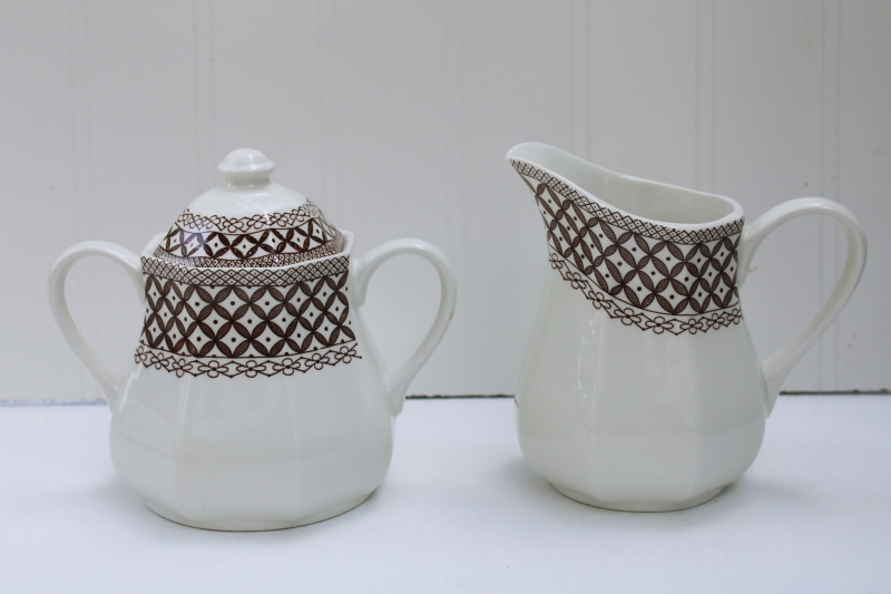 photo of Liberty vintage English ironstone china cream sugar set, Wicker brown transferware JG Meakin #1