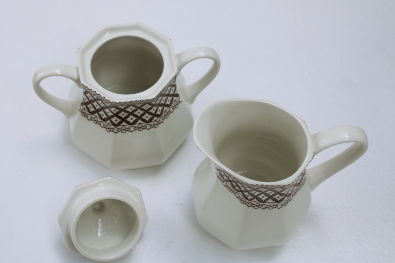 photo of Liberty vintage English ironstone china cream sugar set, Wicker brown transferware JG Meakin #2