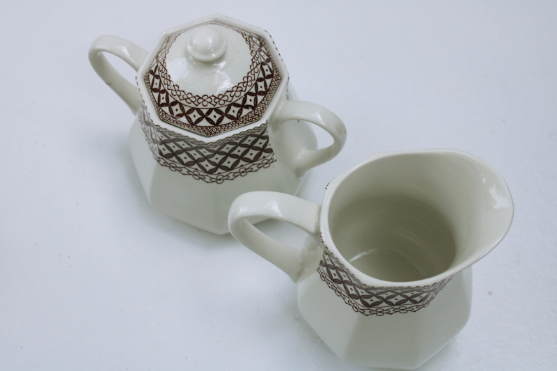 photo of Liberty vintage English ironstone china cream sugar set, Wicker brown transferware JG Meakin #3