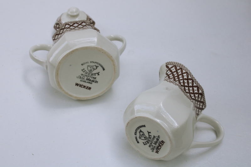 photo of Liberty vintage English ironstone china cream sugar set, Wicker brown transferware JG Meakin #4