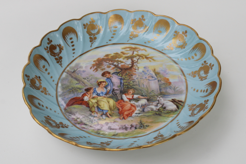photo of Limoges France vintage china, large decorative bowl w/ robins egg blue border & gold edge  #2