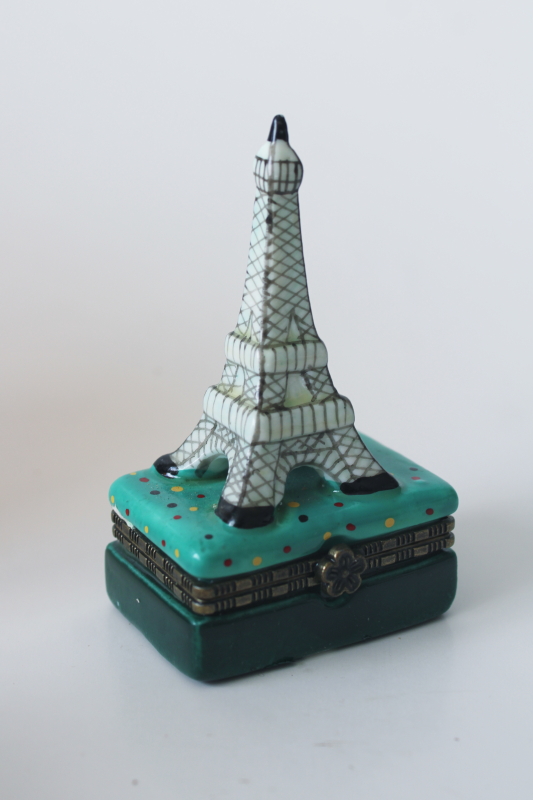 photo of Limoges style hand painted porcelain trinket box w/ worn paint, Eiffel Tower miniature  #1