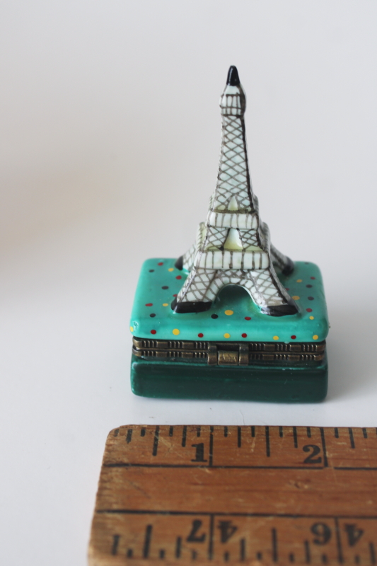 photo of Limoges style hand painted porcelain trinket box w/ worn paint, Eiffel Tower miniature  #3