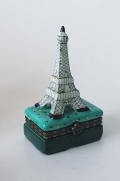 catalog photo of Limoges style hand painted porcelain trinket box w/ worn paint, Eiffel Tower miniature 
