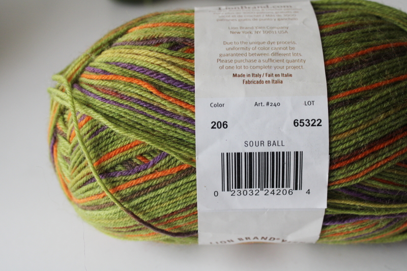photo of Lion Brand Sock Ease wool nylon sock yarn w/ aloe, discontinued Sourball color lime green & orange  #4