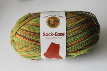 catalog photo of Lion Brand Sock Ease wool nylon sock yarn w/ aloe, discontinued Sourball color lime green & orange 