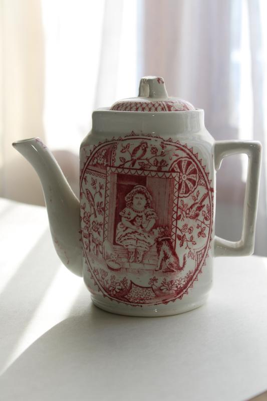 photo of Little Mae 1800s English Stafforshire china doll dishes, child size teapot red pink transferware #1
