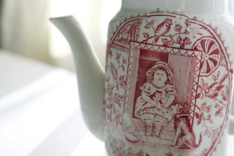 photo of Little Mae 1800s English Stafforshire china doll dishes, child size teapot red pink transferware #2