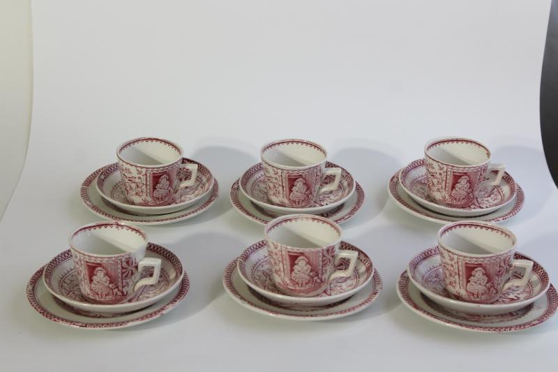 photo of Little Mae antique child's demitasse tea cups plates, 1800s Allerton England red pink transferware #1