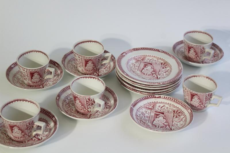 photo of Little Mae antique child's demitasse tea cups plates, 1800s Allerton England red pink transferware #3