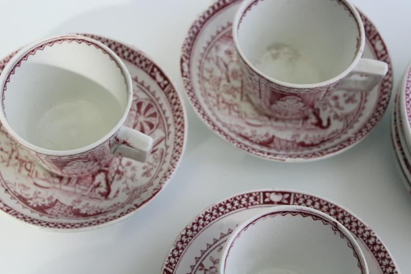 photo of Little Mae antique child's demitasse tea cups plates, 1800s Allerton England red pink transferware #5