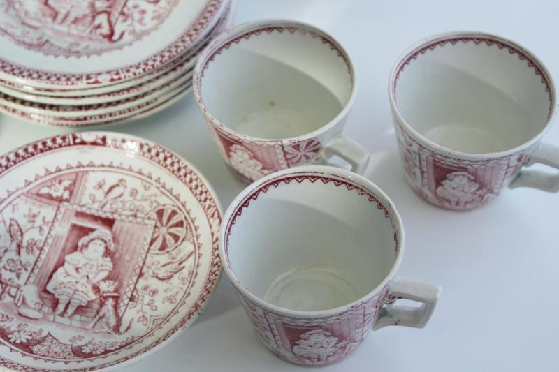 photo of Little Mae antique child's demitasse tea cups plates, 1800s Allerton England red pink transferware #6