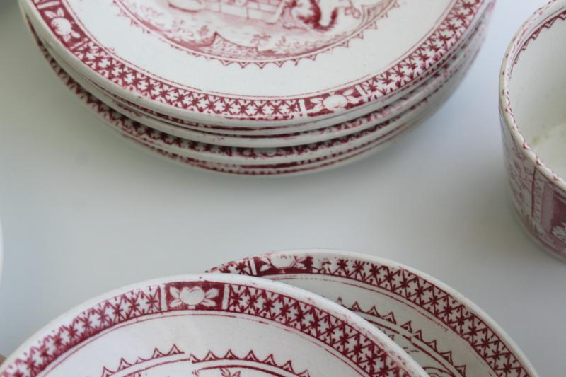 photo of Little Mae antique child's demitasse tea cups plates, 1800s Allerton England red pink transferware #8