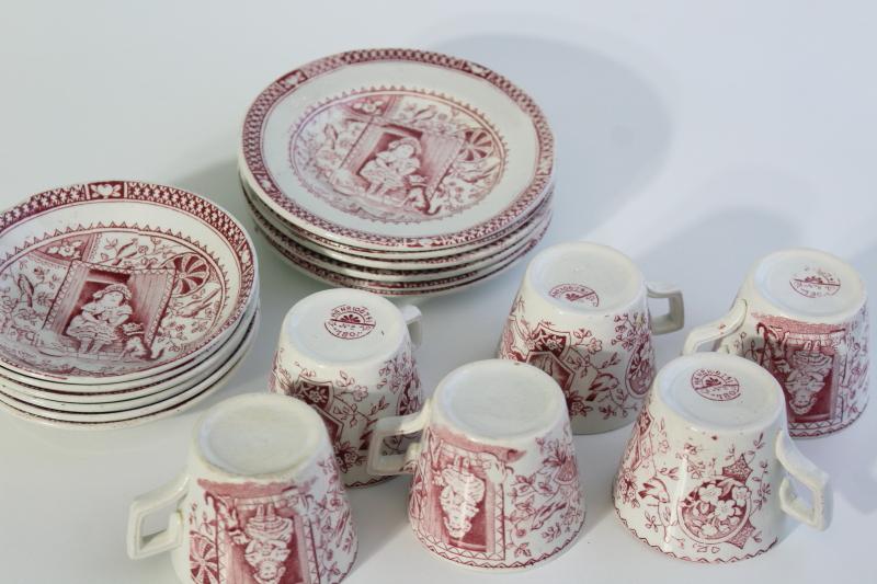 photo of Little Mae antique child's demitasse tea cups plates, 1800s Allerton England red pink transferware #11