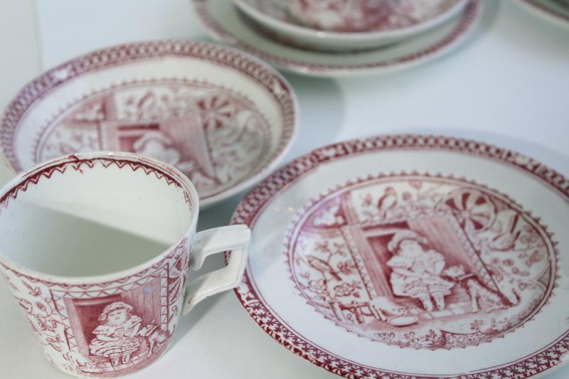 photo of Little Mae antique child's demitasse tea cups plates, 1800s Allerton England red pink transferware #12