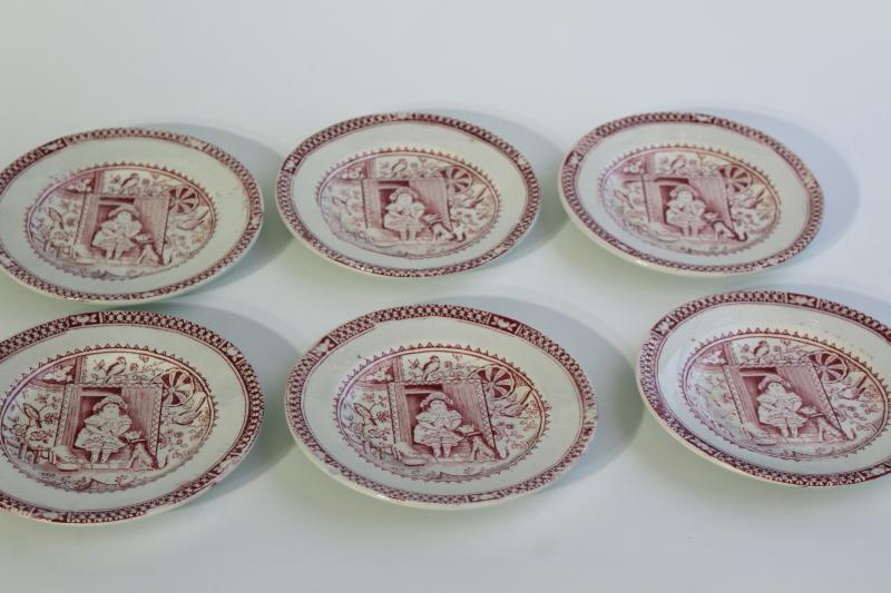 photo of Little Mae antique child's demitasse tea cups plates, 1800s Allerton England red pink transferware #16