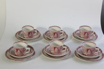 catalog photo of Little Mae antique child's demitasse tea cups plates, 1800s Allerton England red pink transferware