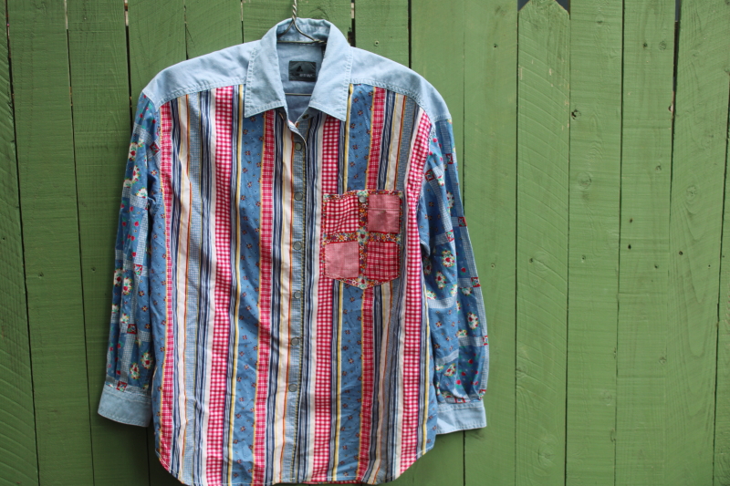 photo of Liz Claiborne Lizwear vintage western shirt large, red & blue patchwork ribbons print cotton pearl snaps  #1