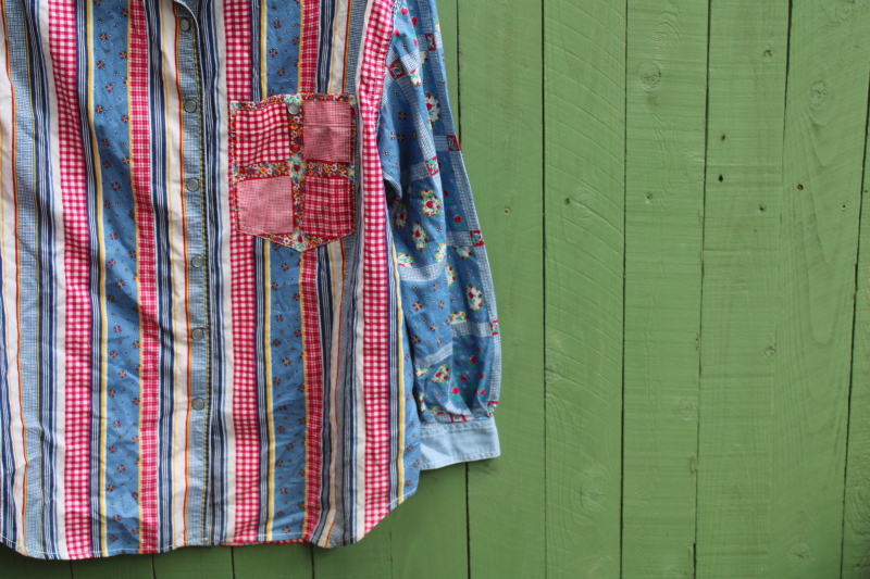 photo of Liz Claiborne Lizwear vintage western shirt large, red & blue patchwork ribbons print cotton pearl snaps #2