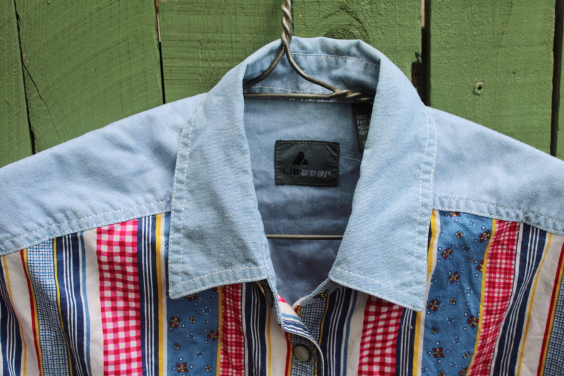 photo of Liz Claiborne Lizwear vintage western shirt large, red & blue patchwork ribbons print cotton pearl snaps #3